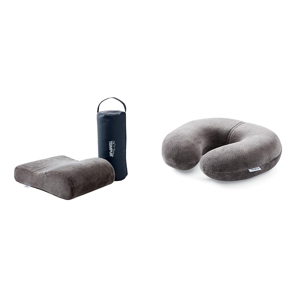 TEMPUR Reisekissen Memory Foam, ergonomisches Reise-Nackenkissen inkl. Tragetasche, Anthrazit, Größe 25 x 31 x 10/7 cm & Transit Reisehalsband, Creme/weiß, 30 x 28 x 1 cm