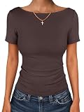 ANRABESS Women's Boat Neck Short Sleeve Top, Ribbed Knit Fitted T Shirts, All-Day...