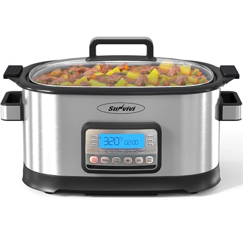 Image of Sunvivi 6.5 Quart Slow Cooker Roaster Oven：11 in 1 programmable Multi-Cooker Food Warmer with Digital Timer, Temp Control, Removable Nonstick Cast Aluminum Pot & Dishwasher-Safe Tempered Glass Lid
