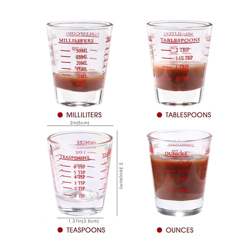 Shot Glass Measuring Cup, 2PCS Measuring Shot Glasses, Thick Base Liquid Measuring Cup for Espresso Shot Glass and Measuring Glasses, Four Different Units of Measure(1 OZ, 2 TBS, 6 TSP, 30 ML)