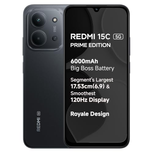 Redmi 15C 5G Prime Edition (Midnight Black, 6GB + 128GB) | Massive 6000mAh Battery | Segment's Largest 17.53cm Display Up to 120Hz | MediaTek Dimensity 6300 | 33W Fast Charging | 50MP AI Dual Camera