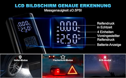 Tragbare Akku Elektrische Luftpumpe Fahrrad - Hofeny Druckluftpumpe Luftkompressor Akkudruckluftpumpe, Mobile Fahrradpumpe Kompressor Mini Accu Pumpe mit LED Licht, geeignet für Auto & Motorrad