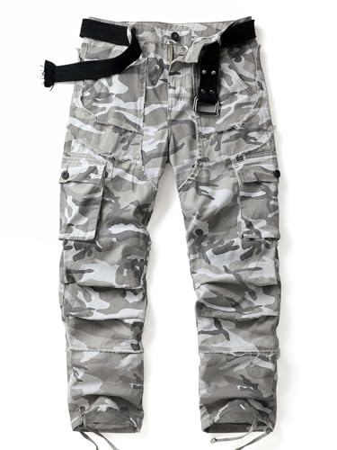 Men's Camo Cargo Work Pants Raw Edge Cotton Casual Streetwear Ripstop Outdoor Trousers with Multi Pockets