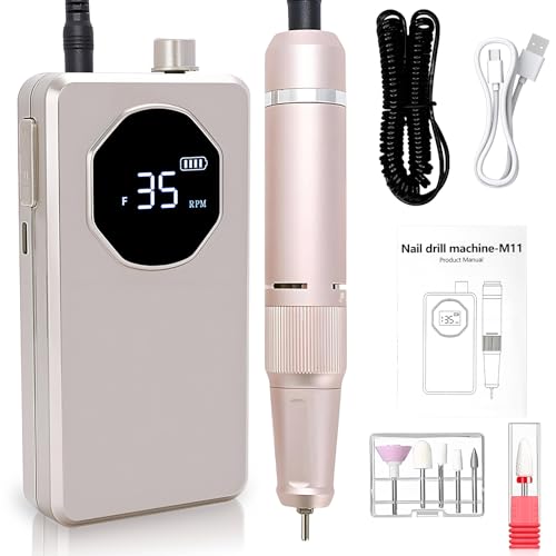Image of Professional Nail Drill High Torque 35000 RPM Rechargeable Portable Electric Nail File Filer for Acrylic Gel with Cuticle Bits, Salon Manicure Tool, Rose Gold