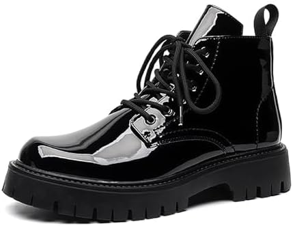 Men's Lace-Up Platform Lugs Sole Ankle Boots,Fashion Patent Leather Side Zip High Top Boots Comfort Outdoor Anti-Slip Four Seasons Booties - Image 4