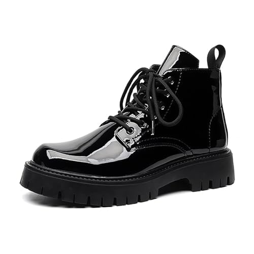 Men's Lace-Up Platform Lugs Sole Ankle Boots,Fashion Patent Leather Side Zip High Top Boots Comfort Outdoor Anti-Slip Four Seasons Booties2
