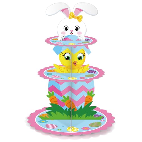 Zopeal 3 Tier Happy Easter Cupcake Stand Party Decorations Bunny Cupcake Holder Colorful Eggs Cake Holder Dessert Stand for Easter Party Supplies Birthday Baby Shower Decorations