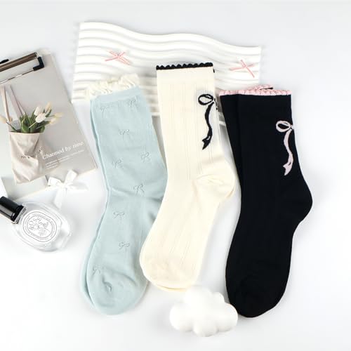 3 Pairs Women's Cute Crew Socks Casual Novelty Athletic Bowknot Cotton Calf Socks for Women2