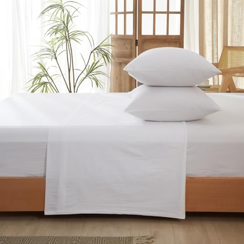 LIFETOWN 100% Washed Cotton 4 Pieces Sheet Set Linen Feel Natural Wrinkle Breathable Lightweight (King, Bright White) by LIFETOWN - Image 6