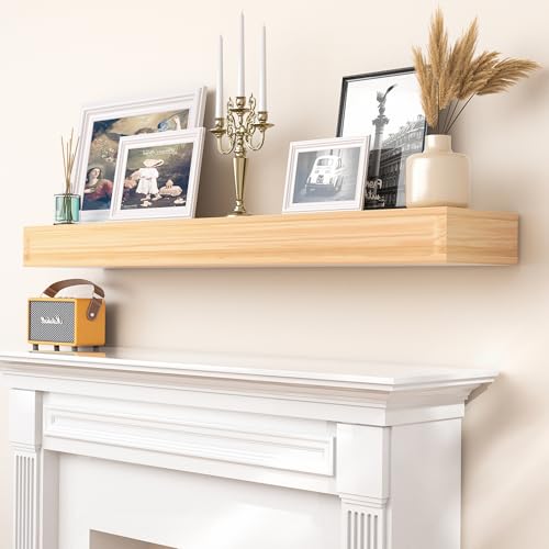 AZSKY Natural Wood Floating Fireplace Mantel Shelf 36 Inch Mantels for Over Fireplace Wall Mounted Farmhouse Fireplace Mantel Shelf with Invisible Bracket One Piece Floating Book Shelves