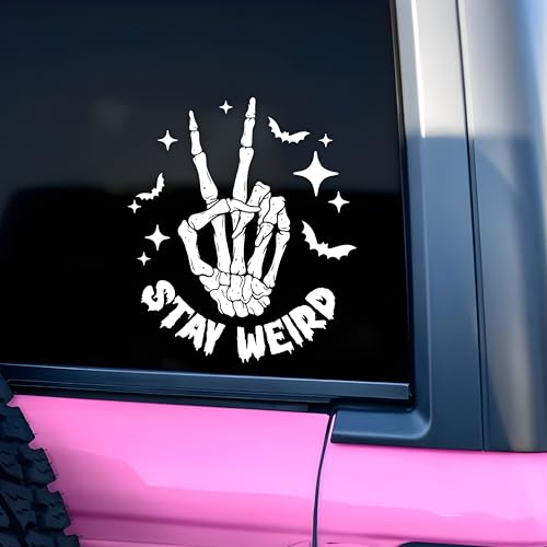 Image of Stay Weird Car Decal Skeleton Spooky Decals Funny Weirdo Mirror Stickers Inspiration Positive Decals Car Accessories Vinyl Waterproof 8 Inches Bumper Sticker Gifts for Mom Dad Friend