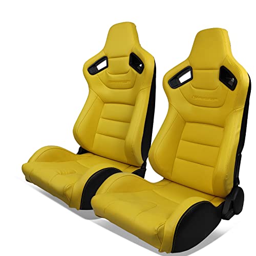 IKON MOTORSPORTS, Universal Racing Seats with Dual Sliders, Reclinable Yellow PU & Carbon Leather Sport Bucket Seats, 1 Pair Driver + Passenger Side