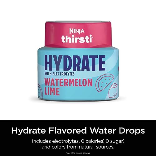 Ninja Thirsti HYDRATE Watermelon Lime Flavoured Water Drops with electrolytes and contain 0 calories*, 0 sugar* (*per 12oz classic serving). Turn water into refreshing fruit-flavored sparkling or still drinks with Ninja Thirsti Hydrate Flavoured Water Drops, 3 pack, WCFWTLAMC by Ninja - Image 2