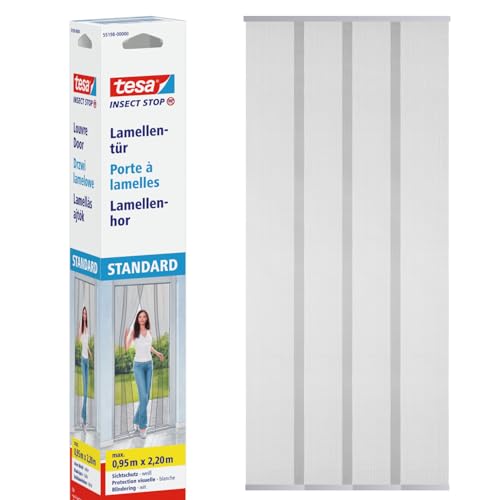 tesa Insect Stop Lamella STANDARD pour Portes - Rideau 4 Parties de Filets Anti-Moustiques avec Bandes Auto-Agrippantes - Sans Perçage - Blanc, 95 x 220 cm