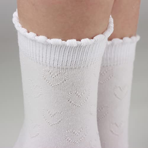 Cotton Day Girls White Dressy Short Ankle Socks Ruffle Top Hearts Design (8-10 Years Size 10) #TOP4