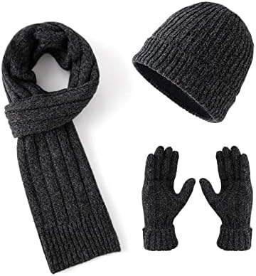 Lallier Winter 3Pcs Men's Wool Hat Scarf Touchscreen Gloves Set, Warm Beanie Skull Cap Scarf Thermal Glove Set for Men