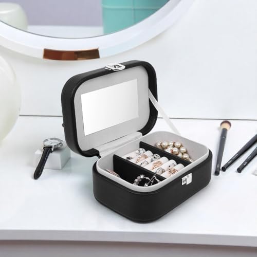 Image of BucketList PU Leather Jewellery Organizer Box with Mirror | Travel-Friendly Jewelry Storage Case with Ring Slots & Secure Lock (Travel Jewellery Box with Mirror (Black))