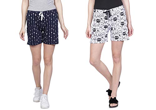 Image of Club A9 Women's Regular Fit Cotton Printed Shorts (Navy Blue, White)