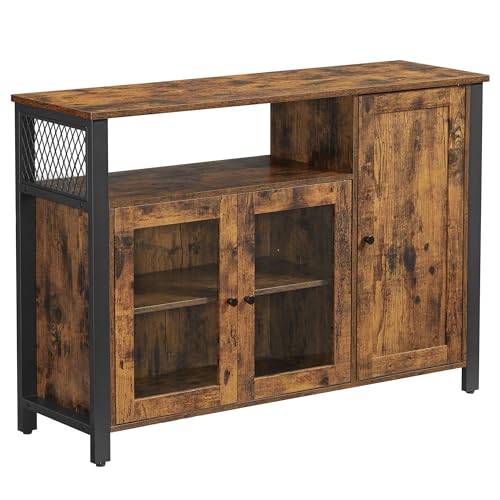 VASAGLE Meuble de Rangement, Buffet, Armoire de Cuisine, Placard, avec 3 Portes, pour Salon, Cuisine, Salle à Manger, 33 x 110 x 75 cm, Style Rustique, Marron Rustique et Noir LSC096B01