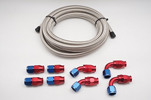 Autobahn88 DIY Hose Combo Set with: AN4 PTFE Teflon Hose with High Tensile Stainless Steel Braided (Single Layer) x10 Feet (3m) + Hose End AN4 (Straight x4 + 45-Deg x2 + 90-Deg x2) by autobahn88 - Used condition - CA$162.87