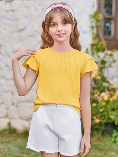 Image of Haloumoning Girls Pleated Ruffle Short Sleeve Shirts Kids Summer Crewneck T-Shirts Fashion Tops Tees 5-14 Years