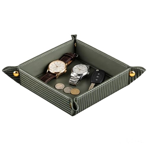 Image of YAPISHI Light Luxury Valet Tray for Men, PU Leather Vanity Jewelry Tray & Decorative Perfume Catchall, Folding Travel EDC Dump Tray, Nightstand Organizer Caddy for Keys, Watches, Coin Bowl Dish