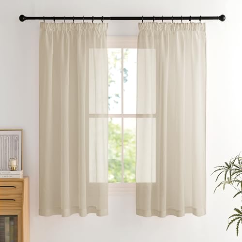 PONY DANCE Gardinen 160 cm Hoch Schlafzimmer Vorhang mit Kräuselband 2er Set H 160 x B 140 cm Transparente Vorhänge Kurz Durchlässige Gardine Leinenoptik Luftig Dekoschal, Khaki
