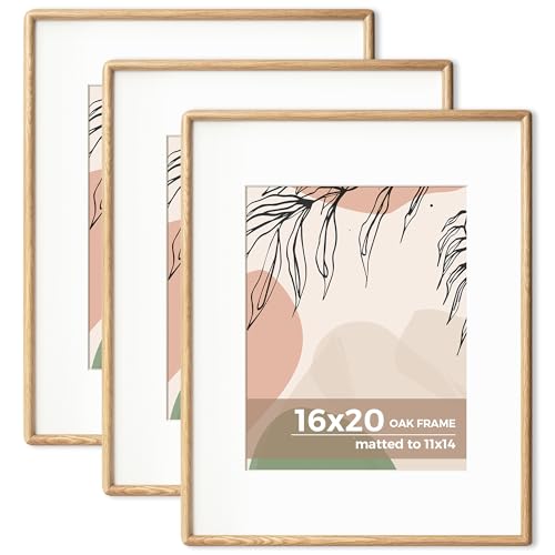 Axeman 16x20 Picture Frame Set of 3 - Solid Oak Frame Matted to 11x14 - Rounded Corner 20x16 Photo Frame with Tempered Glass - Oak Wood Picture Frame for Wall Mount Display
