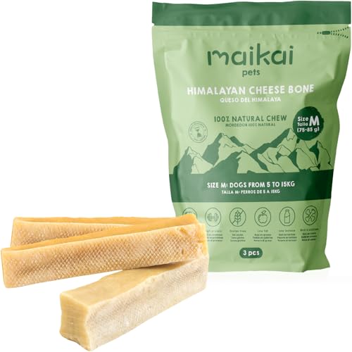 MAIKAI Huesos para Perros de Queso del Himalaya - Palitos Naturales - Mordedores Mal Aliento - Barrita Receta Queso Yak - Premios - Churpi - Regalo (Lote DE 3 X Talla M)