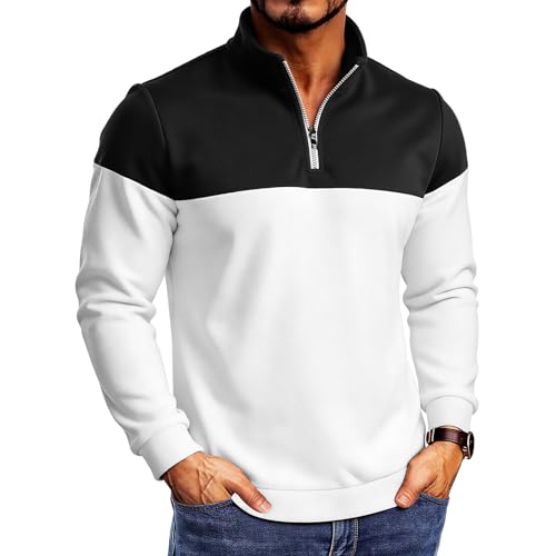 Image of ZSIQOII Sweatshirts for Men UK Colour Block 1/4 Zip Stand Collar Sweatshirt Loose Long Sleeve Pullover Jumper Soft Casual Top sweaters for men uk for Spring Autumn Loungewear Black S