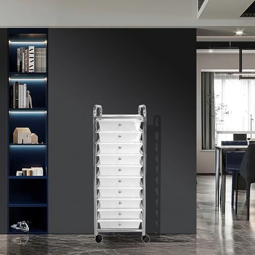 10 Drawers Mobile Rolling Storage Utility Cart Home Office Organizer Multipurpose Plastic Storage Cart (White)