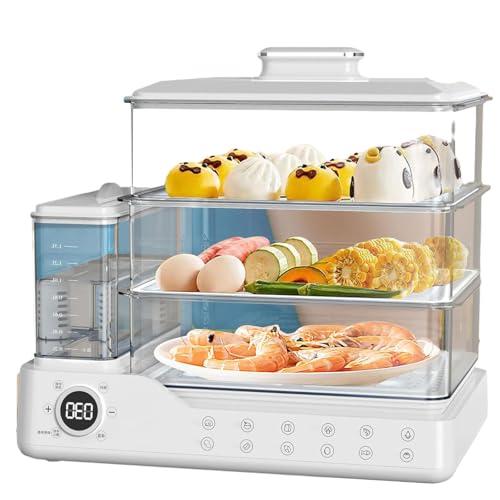 Vaporera Eléctrica de 3 Niveles de 24 Litros, Tanque de Agua Separado de 1,5 Litros con Inicio Retardado de 24 Horas y Vapor Instantáneo, Cestas Apilables con Apagado Automático Para Verduras, white