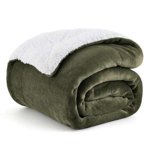 Image of Bedsure GentleSoft Sherpa Fleece Twin Size Blanket for Couch, Non-Heated, Thick and Warm Throw for Women and Men, Soft Fuzzy Plush Twin Blanket for Winter, Olive Green, 60x80 Inches