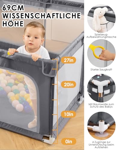 derimkcoa Laufstall Baby,Laufgitter Baby,Kinderzaun mit Atmungsaktivem Netz,Tragbarer Laufstall für Drinnen und Draußen(130x130x66cm,Grau)