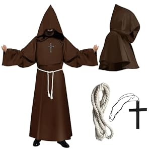 COSBERY Mönch Kostüm Halloween Kostüm Herren, Mönch Robe Mittelalter Umhang mit Großer Kapuzenumhang Kreuzhalskette Seilgürtel, Unisex Cosplay Mönchskutte Priester Kostüm für Herren Damen