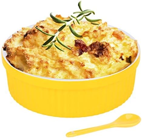 Souffle Dish Ramekins for Baking – 32 Oz, 1 Quart Large Ceramic Oven Safe Round Fluted Bowl with Mini Condiment Spoon for Soufflé Pot Pie Casserole Pasta Roasted Vegetables Baked Desserts (Yellow Set)
