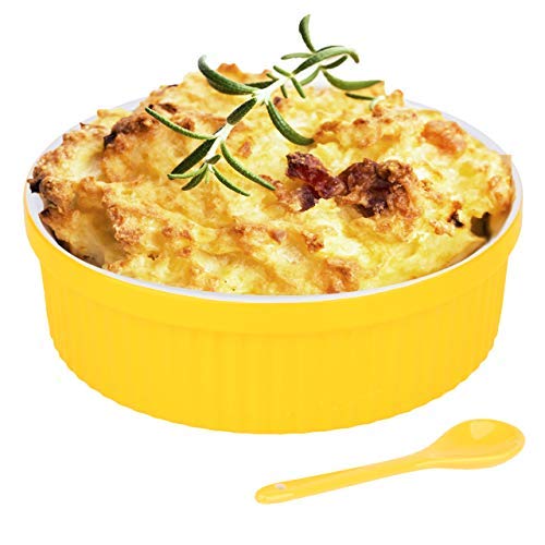 Souffle Dish Ramekins for Baking â€“ 32 Oz, 1 Quart Large Ceramic Oven Safe Round Fluted Bowl with Mini Condiment Spoon for SoufflÃ© Pot Pie Casserole Pasta Roasted Vegetables Baked Desserts (Yellow Set)