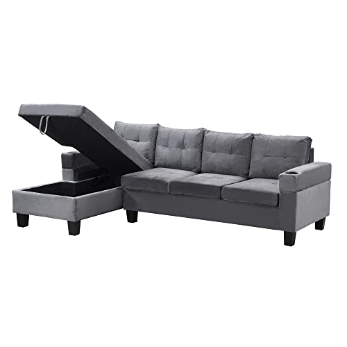 Dhhu Living Room, Sectional Sofa Lounge, 2 Cup Holders, Left Hand With Storage Chaise, 4-Seater L-Shape Couch For Home Office Apartment, C-Grey Fabric #TOP5
