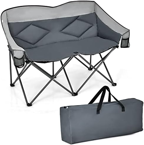 Bangtane Loveseat Camping Chair, Double Folding Chair, Support 500 LBS, Heavy Duty for 2 Adults, Oversize Camp Seat with Storage Bags, Backrest, Padded Wide Camp Seat for Outside, Picnic, Beach (Grey)