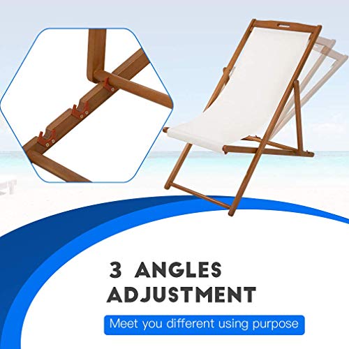Beach Sling Chair Set Of 2 Outdoor Reclining Camping Chairs -352Lbs Patio Lounge Chairs Wooden Folding Chairs With White Polyester And Adjustable 3 Level Height Solid Eucalyptus Wood Frame Sling Chair #TOP1