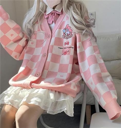 Image of Kawaii Cartoon Cardigan Sweaters for Women Girls Long Sleeve Open Front Knit Cardigans Plaid JK School Uniform