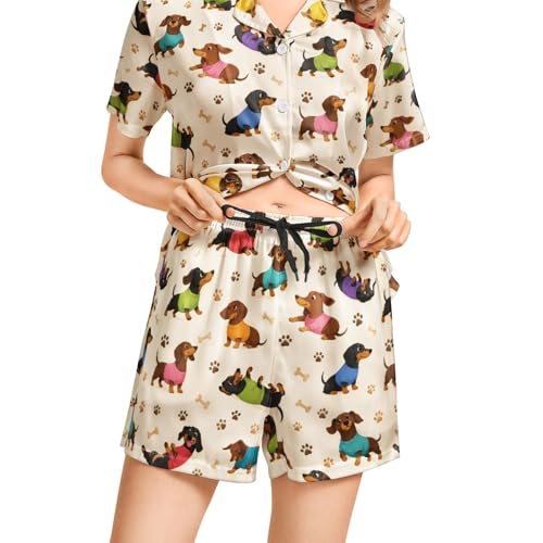 Image of Funny Pajamas for Women Set Print Satin Loungewear Pjs Short Sleeve Button Down Top and Shorts Sets Sleepwear XS-3XL