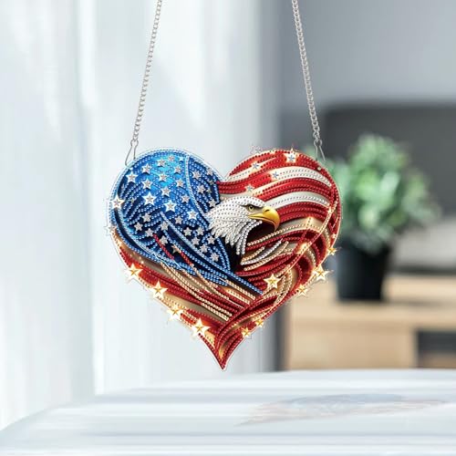 Image of 4th of July Diamond Art Hanging Kits for Adults, American Eagle Pendant | DIY Diamond Painting Suncatchers Kits, Acrylic Home Garden Decor with Chain, Independence Day Craft