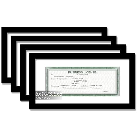Fxojyvo Black 5x10 Frame Set of 4, Display Business License 3.5x8 with Mat or Picture 5x10 Without Mat Desktop or Wall for License Cosmetology Barber Salon Esthetician - 4 Packs Cover