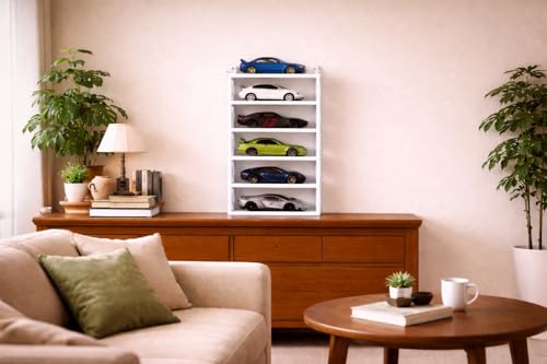 Image of 5-Car Display Rack - Premium Matte Black Tabletop Organizer with Tire Slots & Side Guards for 1:64 Scale Diecast Cars (Hot Wheels, Matchbox, Tomica,)(NO CAR INCLUDED) (White)