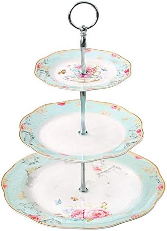 YBK Tech Vintage 3 Tier Porcelain Cake Stand Dessert Display Stand Cakes Platter Food Rack (Light Blue)