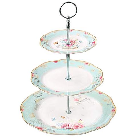 YBK Tech Vintage 3 Tier Porcelain Cake Stand Dessert Display Stand Cakes Platter Food Rack (Light Blue) Cover