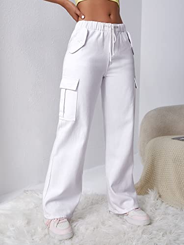 Wdirara Women's Drawstring Waist Cargo Jeans Long Denim Pants With Pockets White L #TOP3