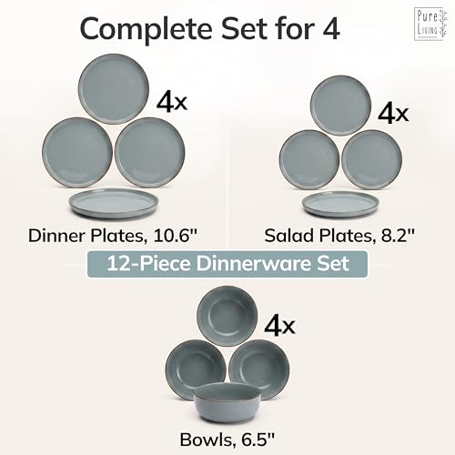 Image of Stoneware dinnerware set 4 persons Rustic 12 pcs - Rustic design dinnerware set, dishwasher safe - Bowl and plate set - Pure Living dinnerware in smoky blue