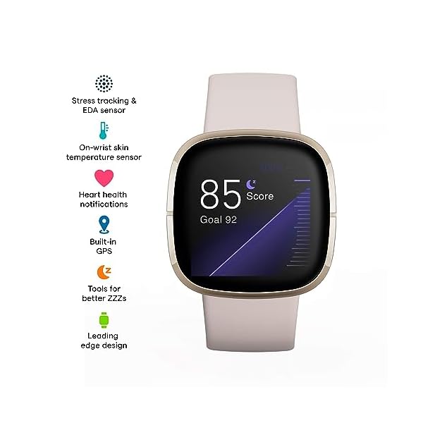 Fitbit Sense Advanced Smartwatch with Tools for Heart Health, Stress Management & Skin Temperature Trends, White/Gold, One Size (S & L Bands Included) - Image 3